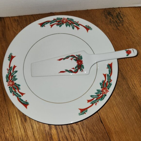Vintage Christmas Poinsettia & Ribbons Cake Plate & Server Tienshan China 1995 - Picture 3 of 7